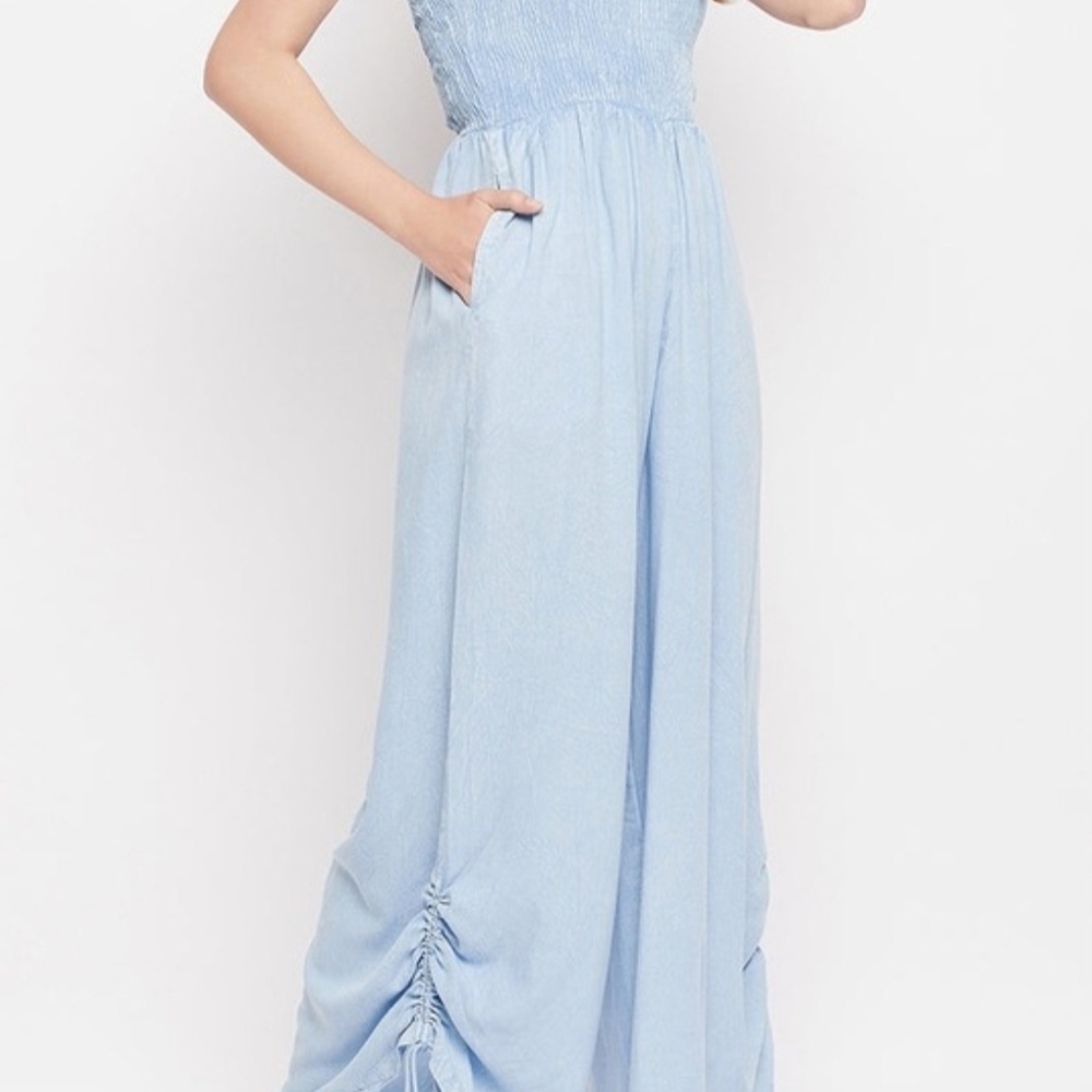 Sim & Sam Blue Strapless Smocked Wide-Leg Jumpsuit. Size XS